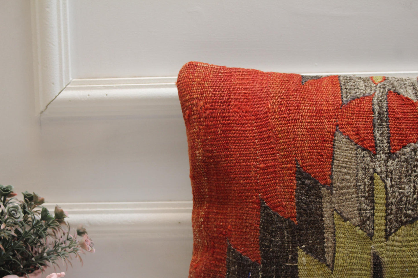 Geometric Kilim Lumbar Pillow Cover: Handmade Turkish Wool, 12x20 inch