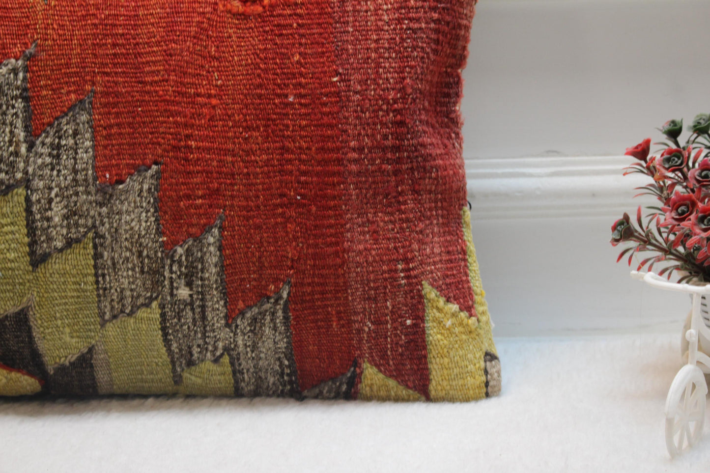 Geometric Kilim Lumbar Pillow Cover: Handmade Turkish Wool, 12x20 inch