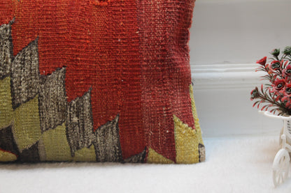 Geometric Kilim Lumbar Pillow Cover: Handmade Turkish Wool, 12x20 inch