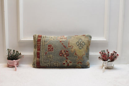 Handmade Turkish Rug Pillow Cover: Vintage Boho Wool Lumbar Pillow (12x20 in)