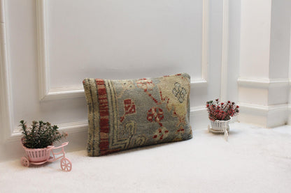 Handmade Turkish Rug Pillow Cover: Vintage Boho Wool Lumbar Pillow (12x20 in)