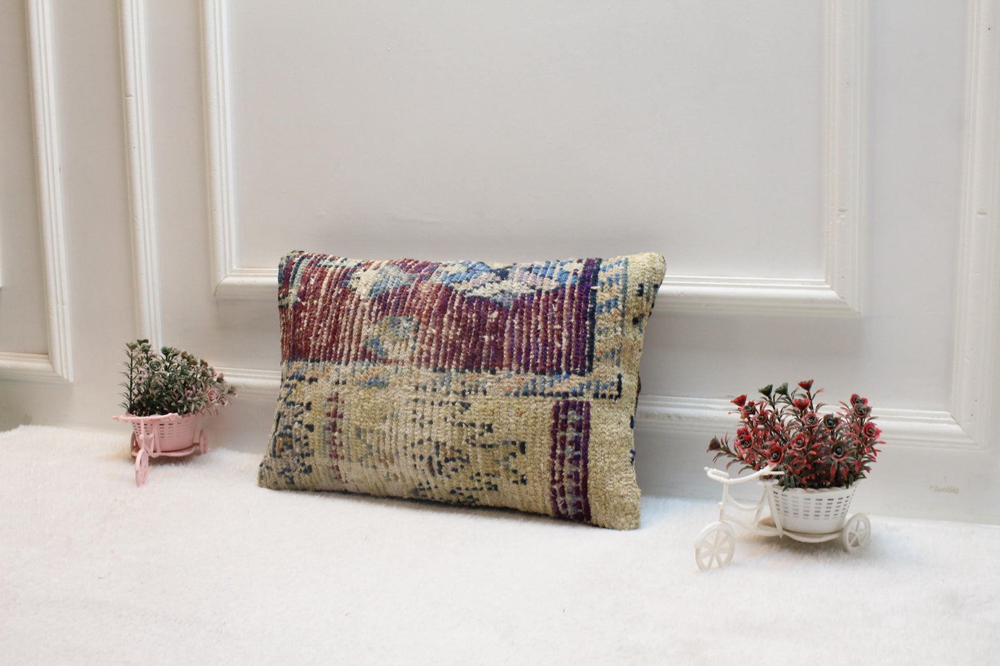 Handmade Turkish Rug Pillow Cover: Boho Bedroom Decor (12x20 inc)
