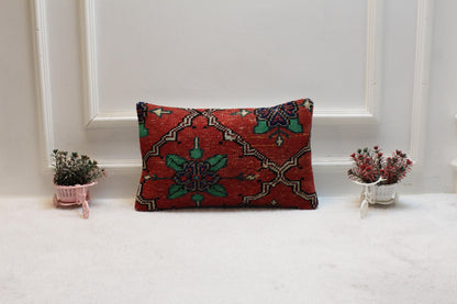 Red Turkish Rug Pillow Cover: Handmade Boho Carpet Pillow (12x20 in)