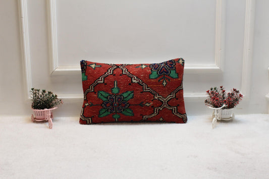 Red Turkish Rug Pillow Cover: Handmade Boho Carpet Pillow (12x20 in)