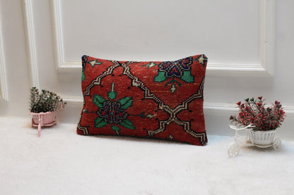 Red Turkish Rug Pillow Cover: Handmade Boho Carpet Pillow (12x20 in)