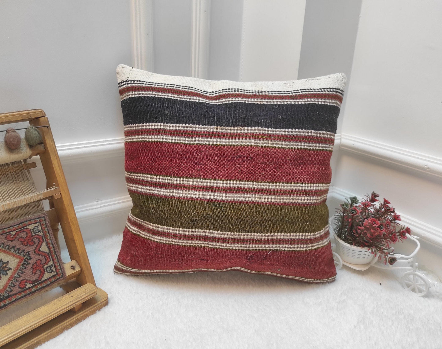 Handmade Kilim Pillow Cover: Upcycled Woven Rug, Bohemian Decor (18x18)