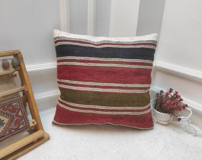 Handmade Kilim Pillow Cover: Upcycled Woven Rug, Bohemian Decor (18x18)