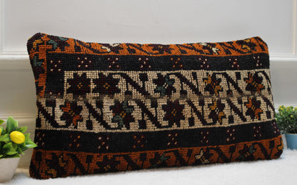 Black Kilim Lumbar Pillow: Handwoven Anatolian Cover (12x24 in)