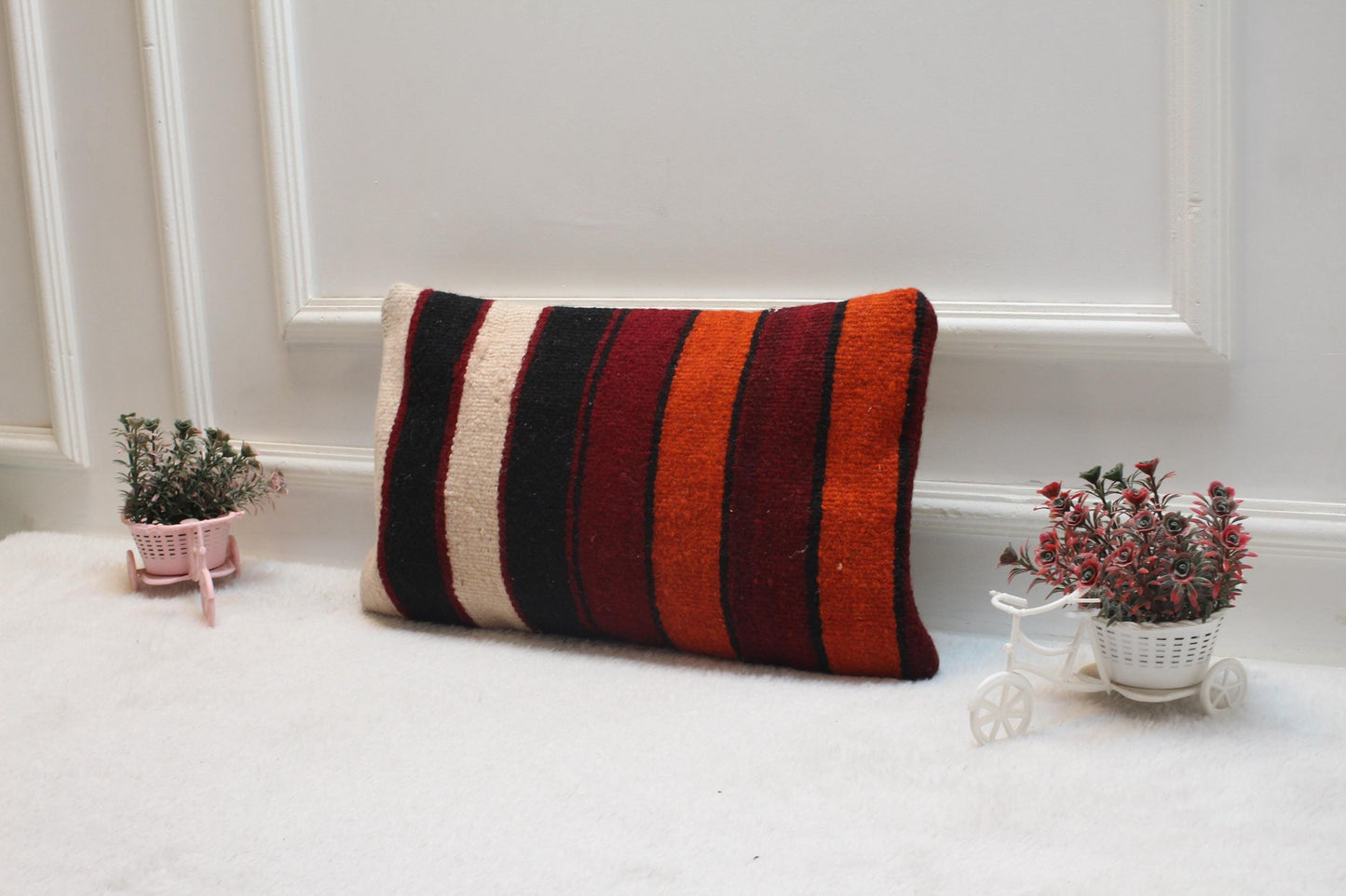 Striped Kilim Pillow Cover: Handmade Boho Lumbar Cushion (12x20 in)