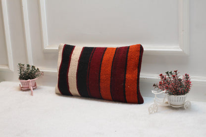 Striped Kilim Pillow Cover: Handmade Boho Lumbar Cushion (12x20 in)
