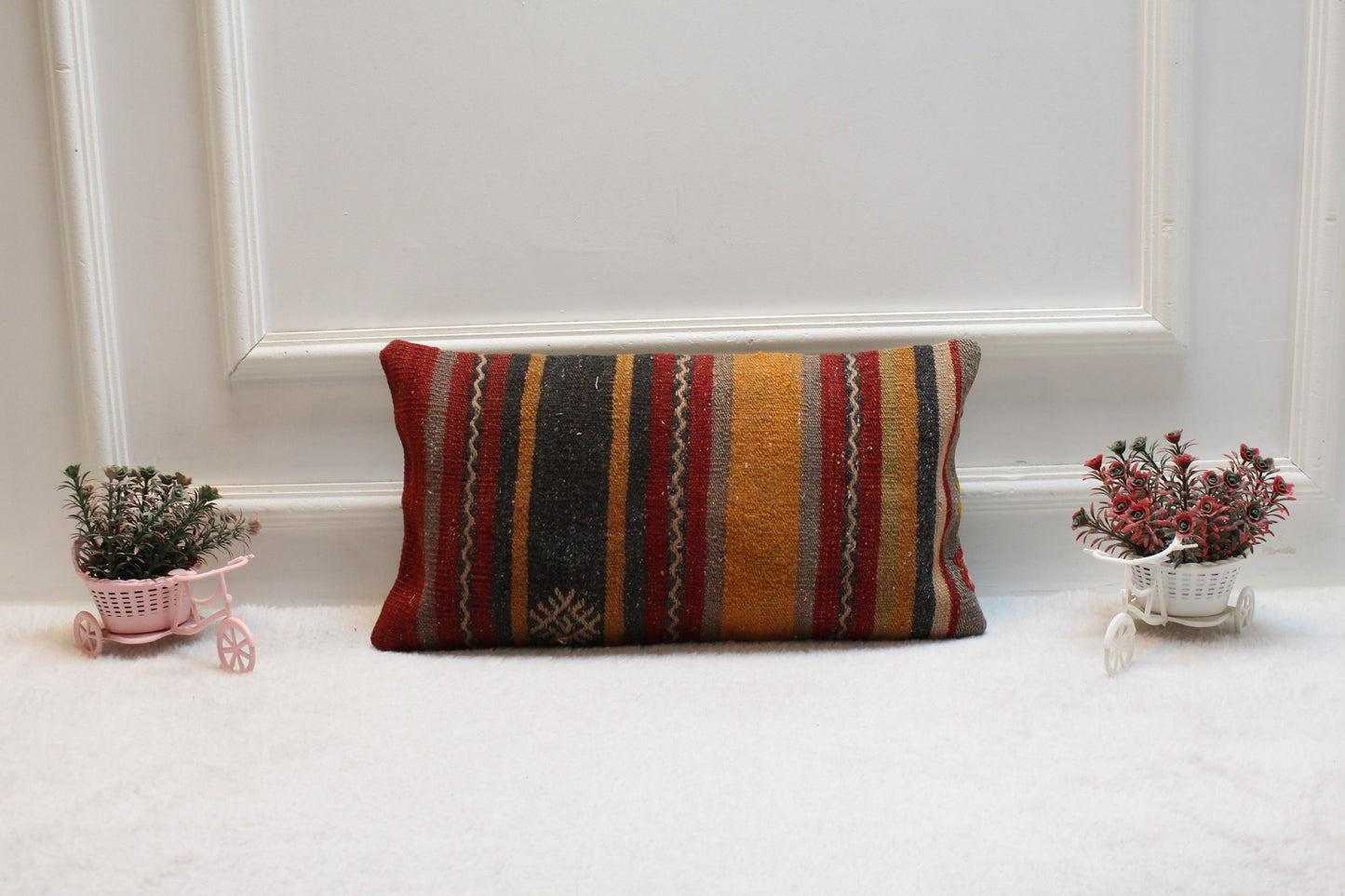 Handmade Striped Kilim Pillow: Organic Wool Lumbar Cover (12x20 in)