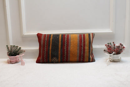 Handmade Striped Kilim Pillow: Organic Wool Lumbar Cover (12x20 in)