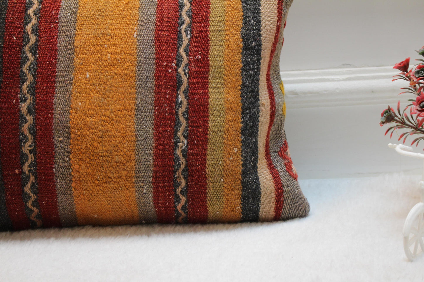 Handmade Striped Kilim Pillow: Organic Wool Lumbar Cover (12x20 in)