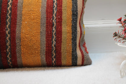 Handmade Striped Kilim Pillow: Organic Wool Lumbar Cover (12x20 in)