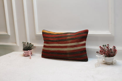 Vintage Kilim Pillow Cover: Handmade Organic Wool Lumbar Cushion (12x20 inc)