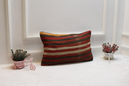 Vintage Kilim Pillow Cover: Handmade Organic Wool Lumbar Cushion (12x20 inc)
