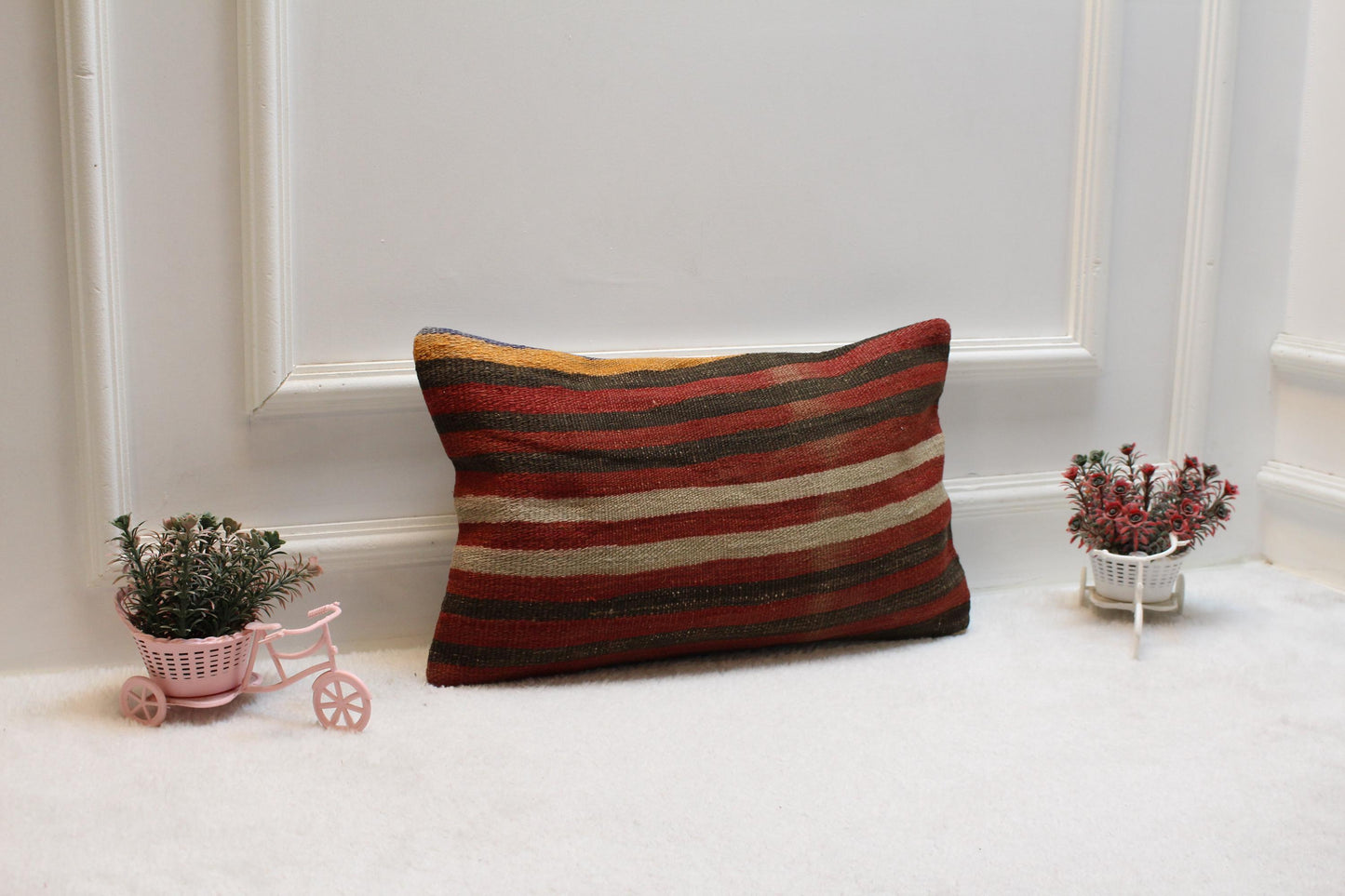 Striped Kilim Pillow Cover: Organic Wool Lumbar Pillow, 12x20 inch