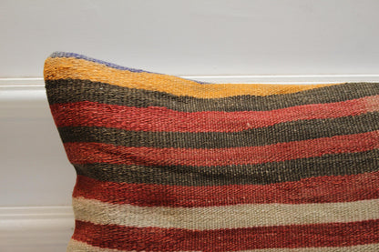 Striped Kilim Pillow Cover: Organic Wool Lumbar Pillow, 12x20 inch