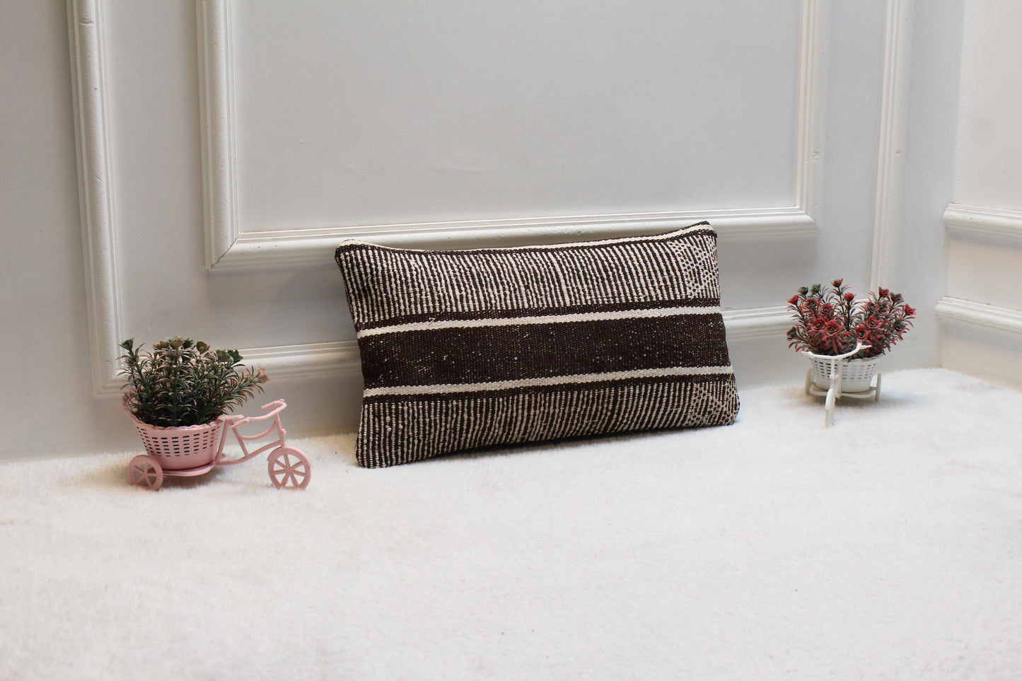 Striped Kilim Pillow Cover: Organic Wool, Vintage Design (12x20 in)