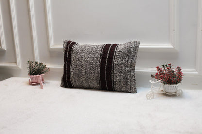 Handmade Gray Kilim Pillow Cover: Organic Wool Lumbar Pillow, 12x20 inch