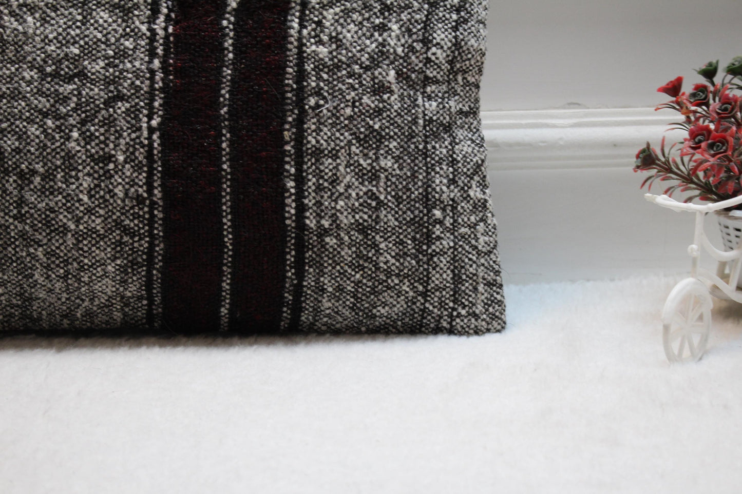 Handmade Gray Kilim Pillow Cover: Organic Wool Lumbar Pillow, 12x20 inch