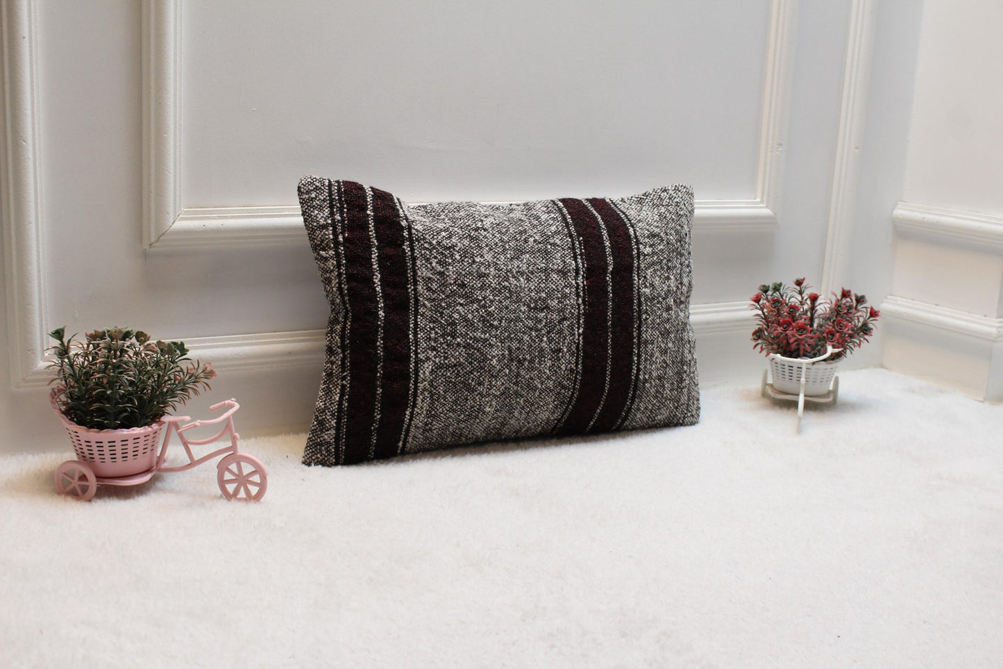 Handmade Gray Kilim Pillow Cover: Organic Wool Lumbar Pillow, 12x20 inch