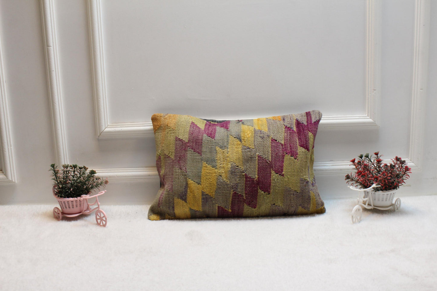 Geometric Kilim Pillow Cover: Rainbow Woven Rug, Upcycled Wool (12x20 in)