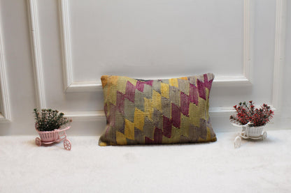 Geometric Kilim Pillow Cover: Rainbow Woven Rug, Upcycled Wool (12x20 in)