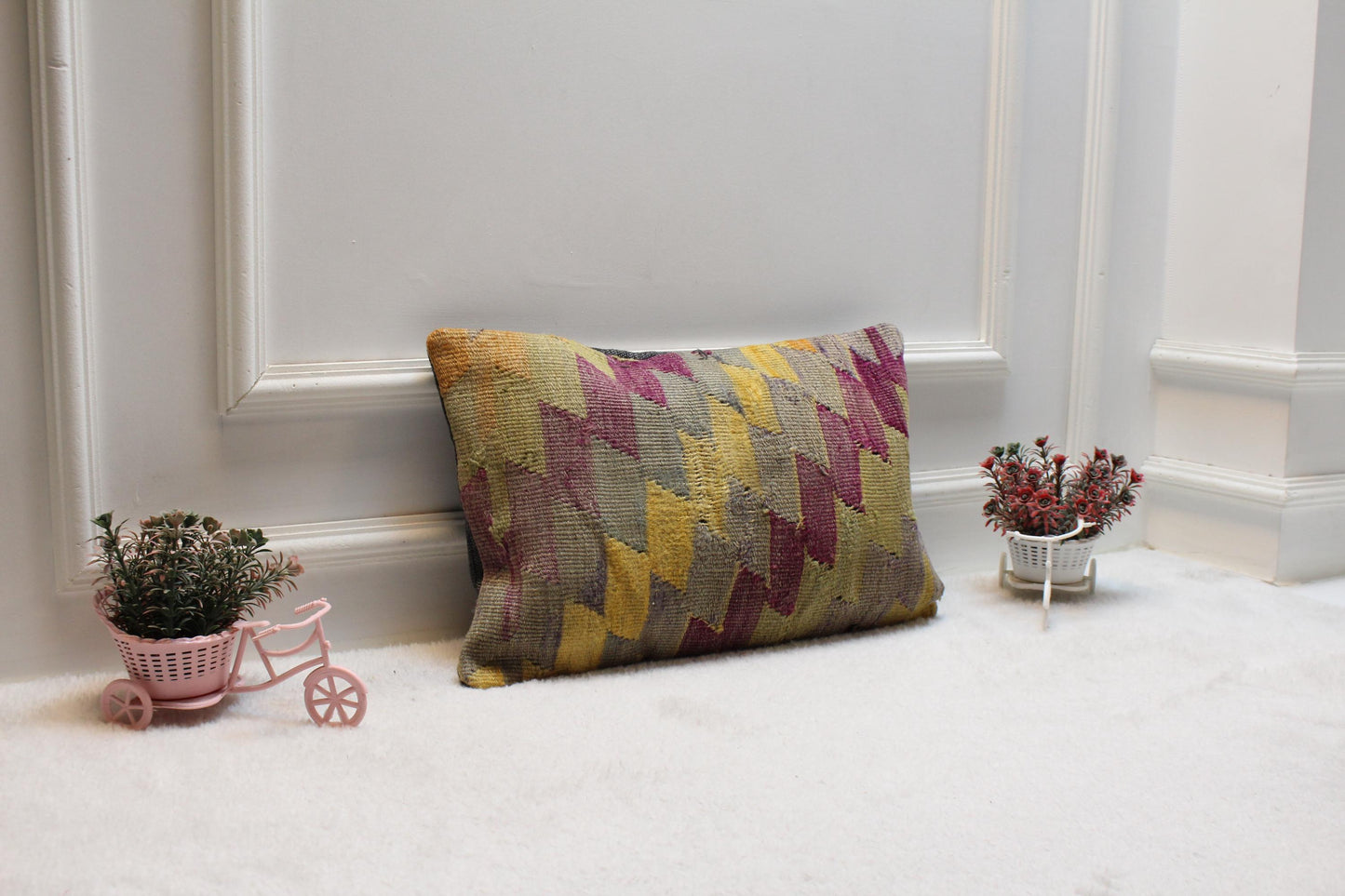 Geometric Kilim Pillow Cover: Rainbow Woven Rug, Upcycled Wool (12x20 in)