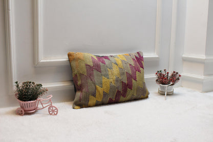Geometric Kilim Pillow Cover: Rainbow Woven Rug, Upcycled Wool (12x20 in)