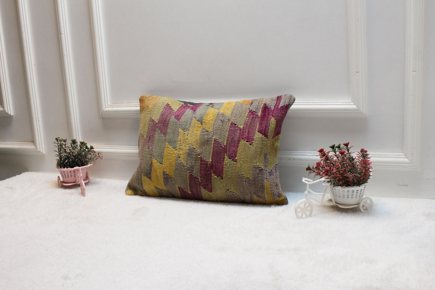 Geometric Kilim Pillow Cover: Rainbow Woven Rug, Upcycled Wool (12x20 in)