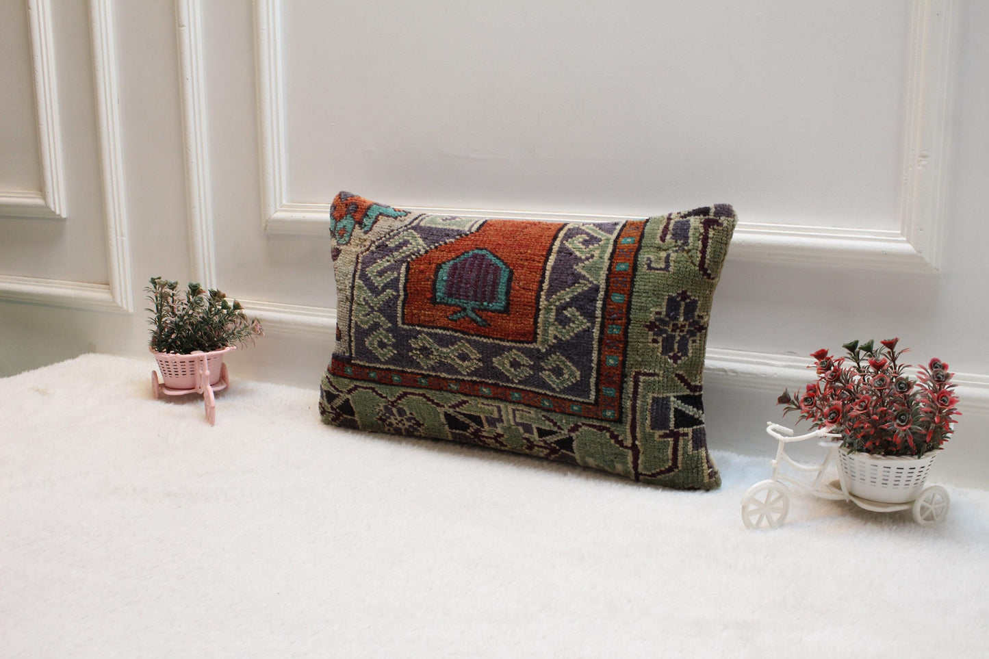 Handmade Turkish Kilim Pillow Cover: Upcycled Woven Rug, 12x20 inch