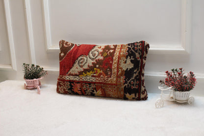 Handmade Red Turkish Rug Pillow Cover: Vintage Lumbar Pillow (12x20 inc)