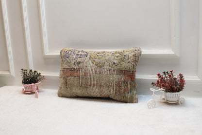 Beige Vintage Turkish Rug Lumbar Pillow Cover (12x20 in)