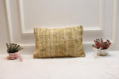 Handmade Beige Kilim Lumbar Pillow Cover: Turkish Rug Pillow (12x20 inc)