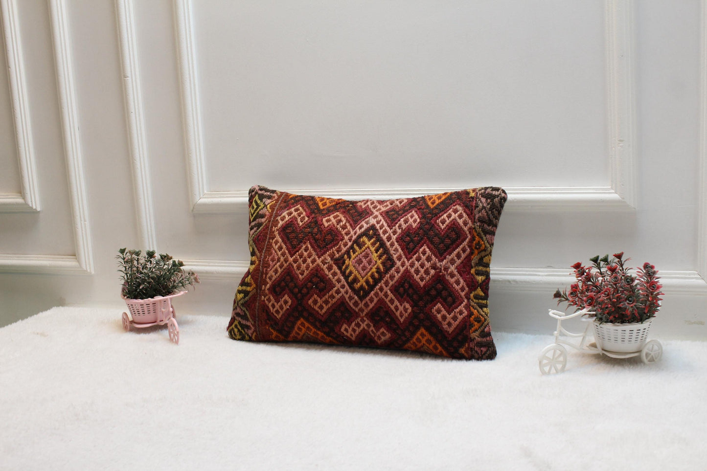 Geometric Kilim Pillow Cover: Handmade Organic Wool, Rainbow (12x20 in)