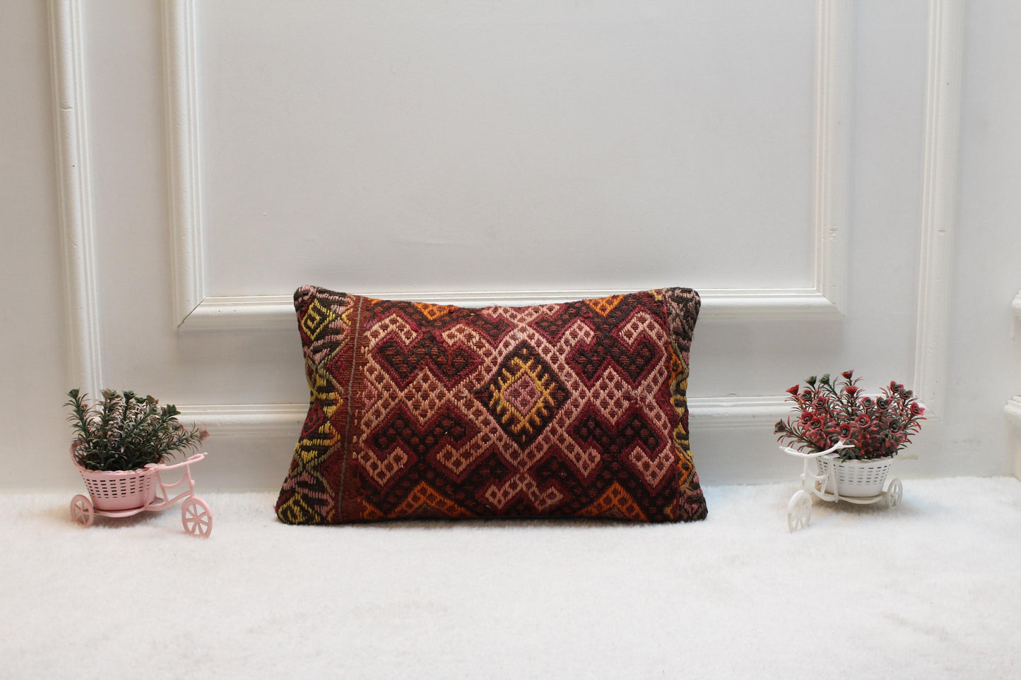 Geometric Kilim Pillow Cover: Handmade Organic Wool, Rainbow (12x20 in)