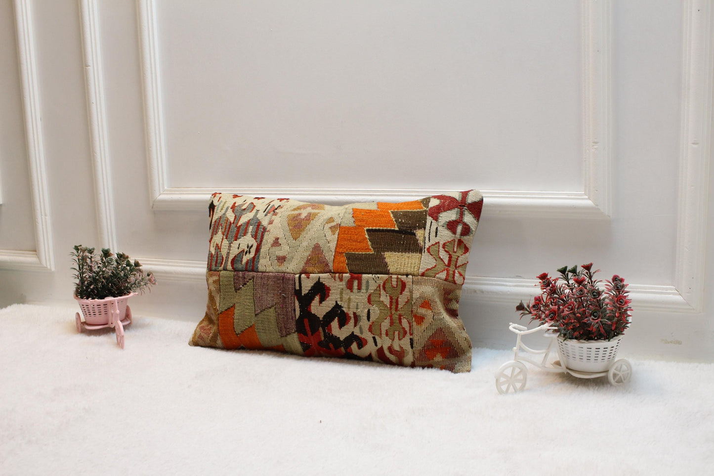 Handmade Patchwork Kilim Lumbar Pillow Cover: Organic Wool, 12x20 inch