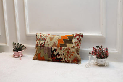 Handmade Patchwork Kilim Lumbar Pillow Cover: Organic Wool, 12x20 inch