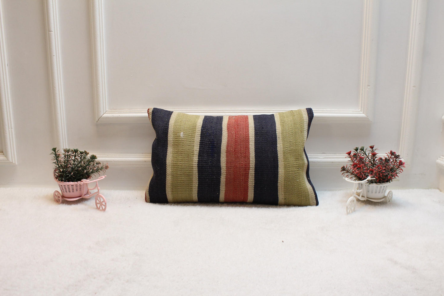 Striped Kilim Lumbar Pillow Cover: Vintage Organic Wool (12x20 in)