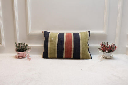 Striped Kilim Lumbar Pillow Cover: Vintage Organic Wool (12x20 in)