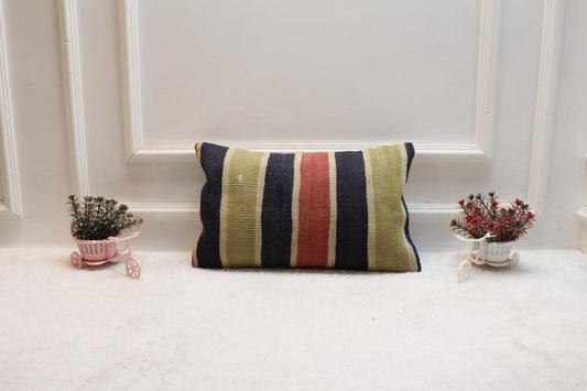 Striped Kilim Lumbar Pillow Cover: Vintage Organic Wool (12x20 in)