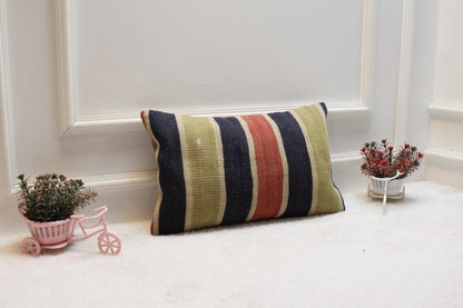 Striped Kilim Lumbar Pillow Cover: Vintage Organic Wool (12x20 in)
