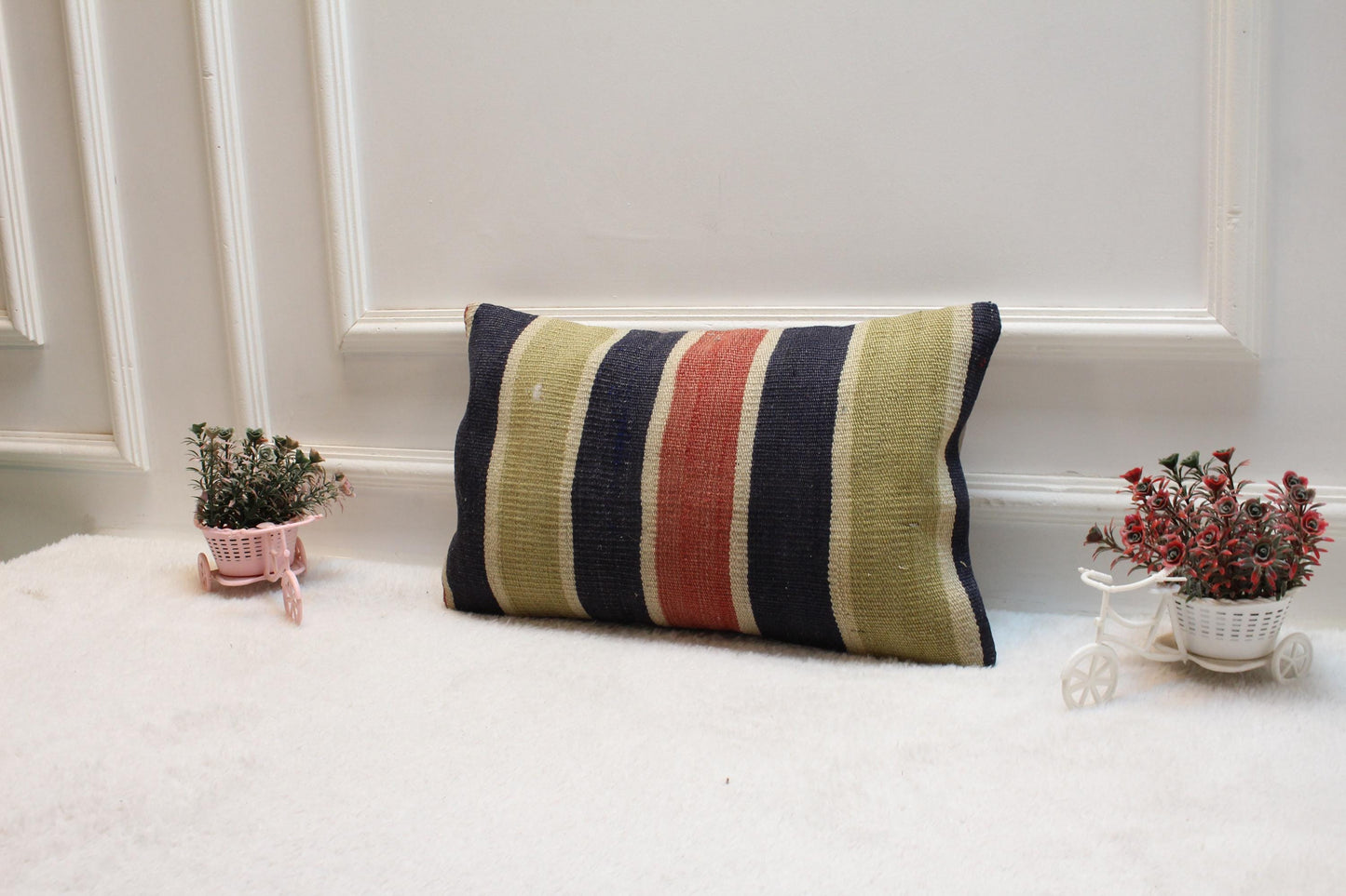 Striped Kilim Lumbar Pillow Cover: Vintage Organic Wool (12x20 in)