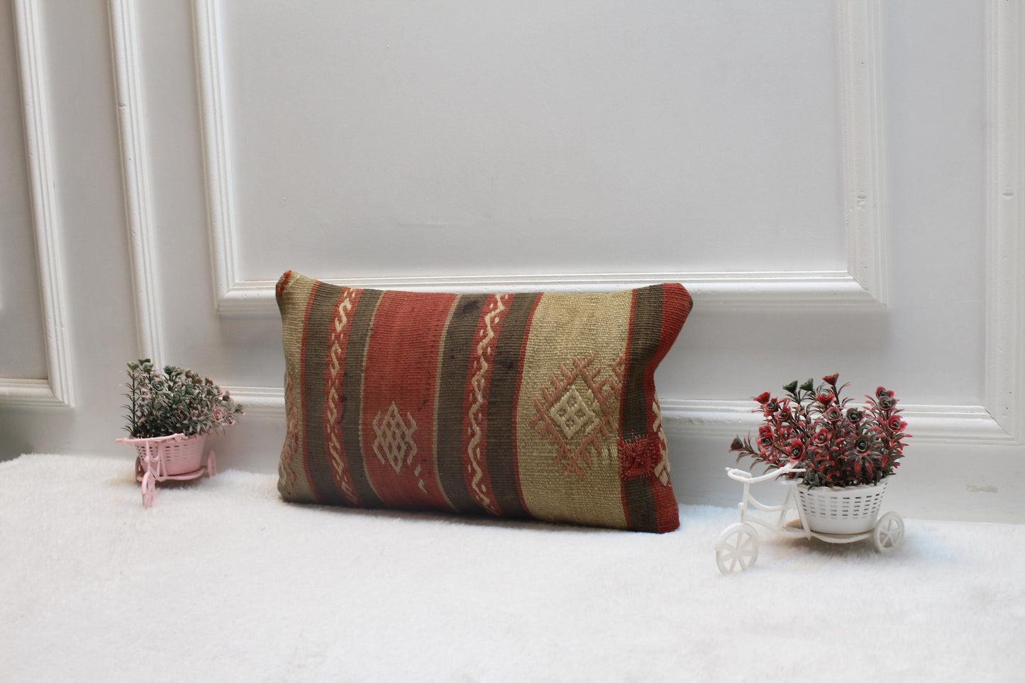 Handmade Kilim Pillow Cover: Upcycled Woven Rug, Rainbow Accent (12x20 inc)