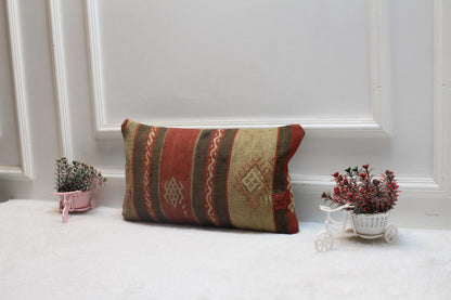 Handmade Kilim Pillow Cover: Upcycled Woven Rug, Rainbow Accent (12x20 inc)