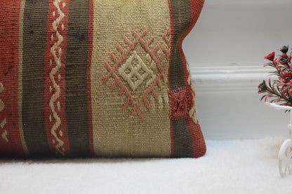 Handmade Kilim Pillow Cover: Upcycled Woven Rug, Rainbow Accent (12x20 inc)