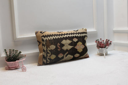 Handmade Kilim Pillow Cover: Upcycled Woven Rug, Rainbow (12x20 in)
