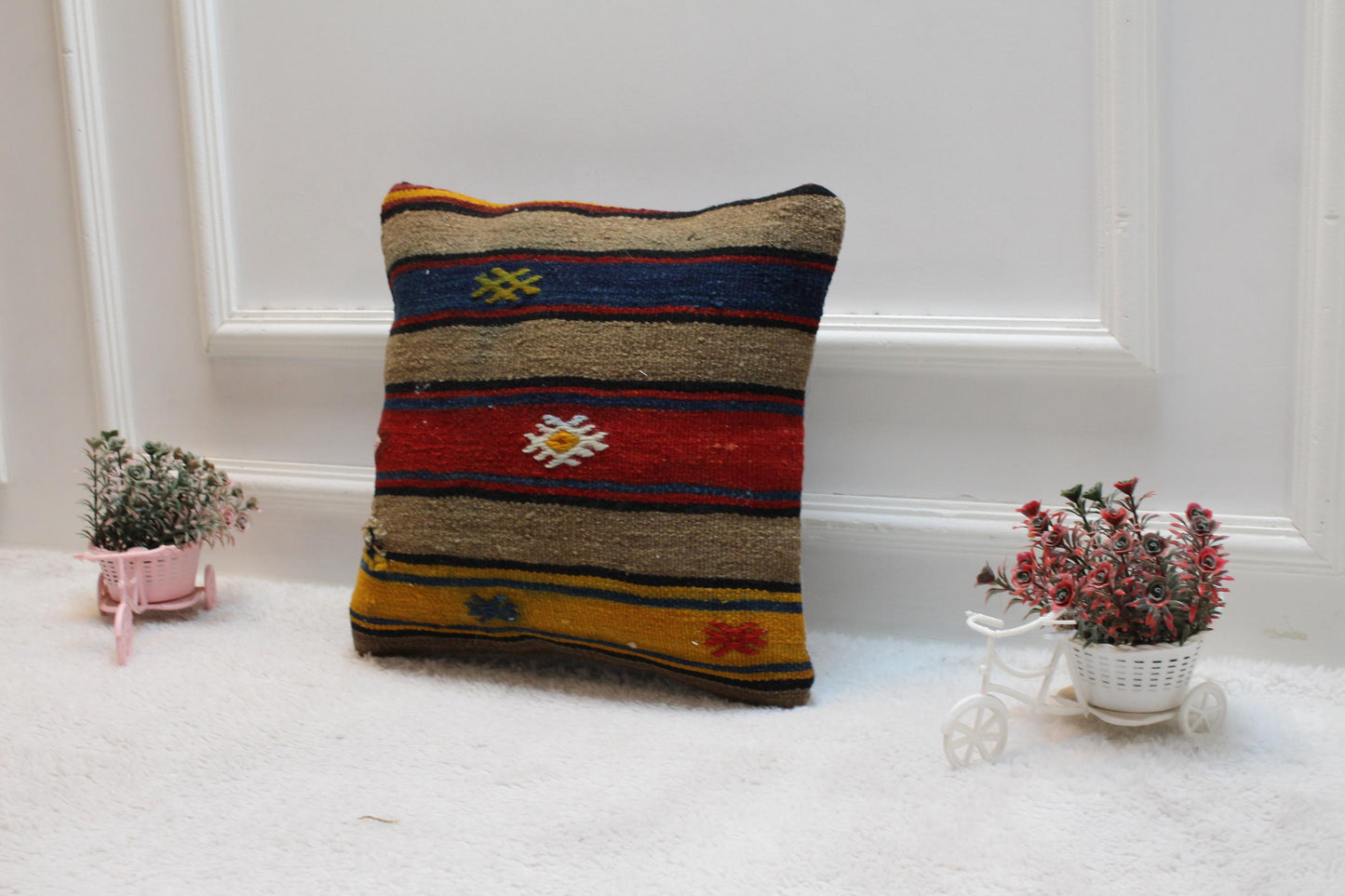 Handmade Striped Kilim Pillow Cover: Organic Wool Throw Pillow, 16x16 inch