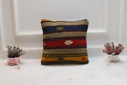 Handmade Striped Kilim Pillow Cover: Organic Wool Throw Pillow, 16x16 inch